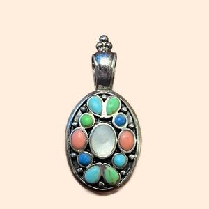 Vintage multistone Silver Pendant with Turquoise, Coral, and Mother of Pearl
